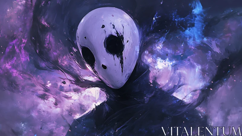 Digital painting of void-masked specter in cosmic nebula field.