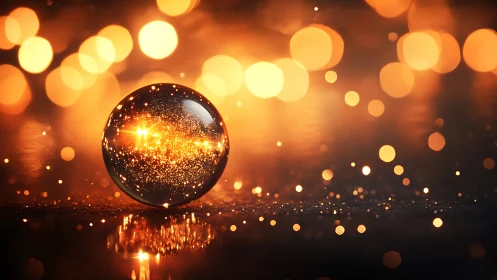 Glowing glass sphere on reflective surface with golden bokeh.
