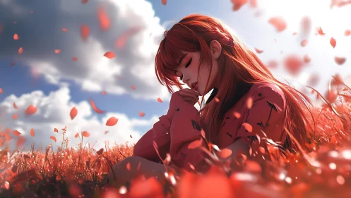 Seated red-haired figure amid falling petals in field.
