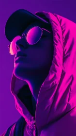 Neon-lit hooded figure gazes upward in bold magenta glow