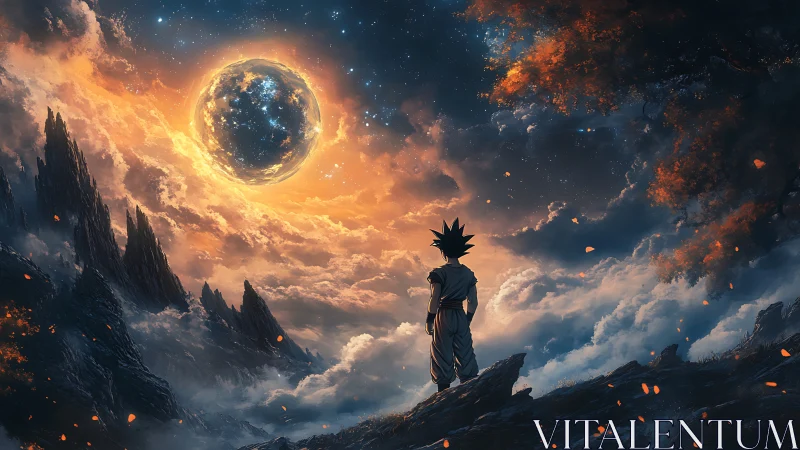 Lone warrior studies glowing celestial sphere over jagged peaks