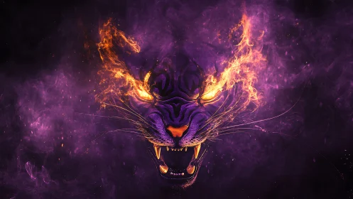 Digital tiger head rendered with purple smoke and orange fire