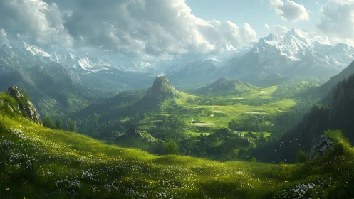 Sunlit alpine valley unfolds beneath towering snowy peaks.