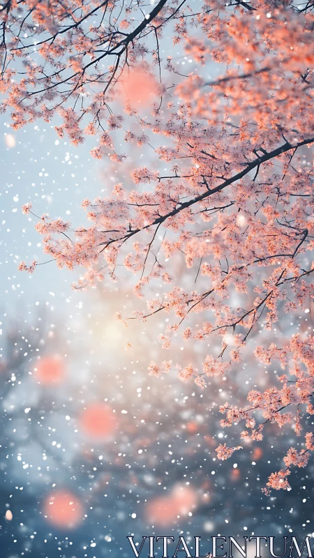 Soft pink blossoms drifting through gentle winter light.