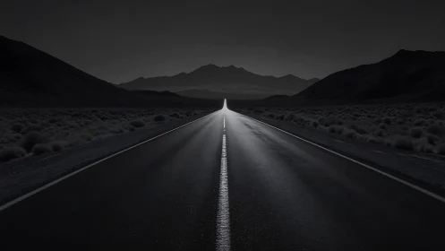 Lonely desert highway stretches toward distant mountain silhouettes