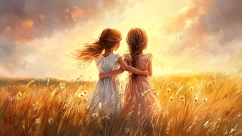 Sisters embrace in a glowing sunset field of golden memories