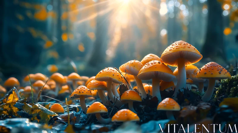 Sunlit mushroom chorus glows in a misty enchanted forest.