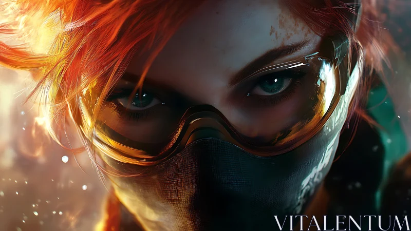 Futuristic masked warrior with burning hair and goggles.