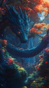 Luminous forest dragon coils through glowing autumn canopy