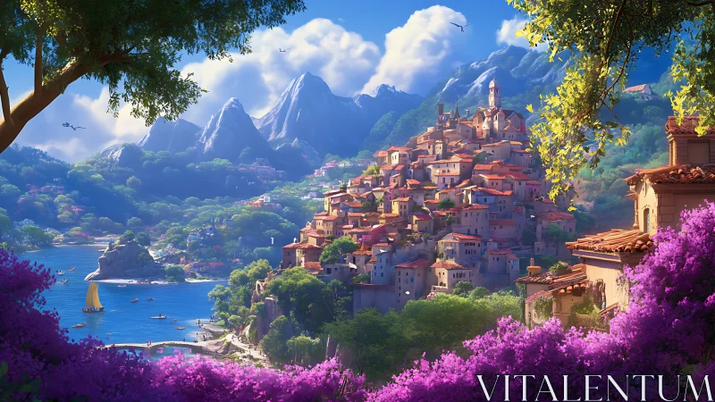 Sunlit terraced coastal village framed by bay, cliffs and florals