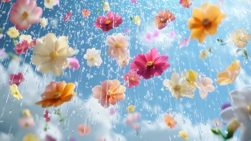 Petals Cascade Through Rain-Streaked Skies.