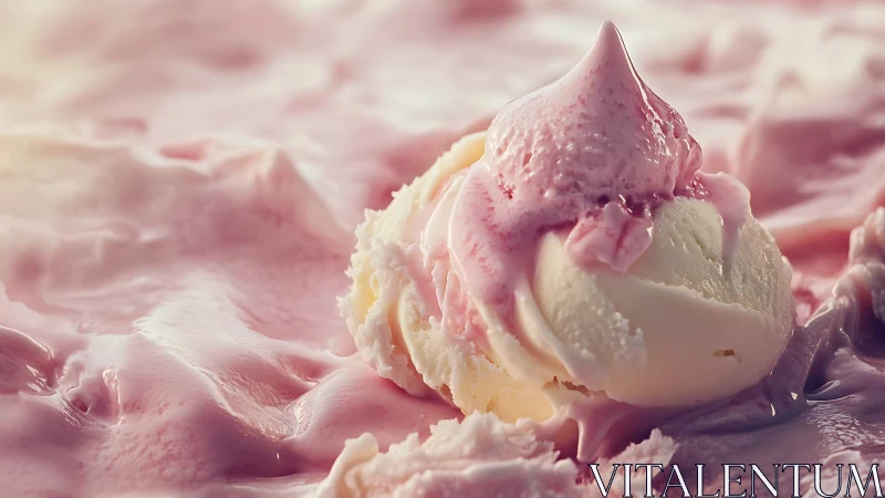 Macro analysis of melting strawberry vanilla ice cream textures.