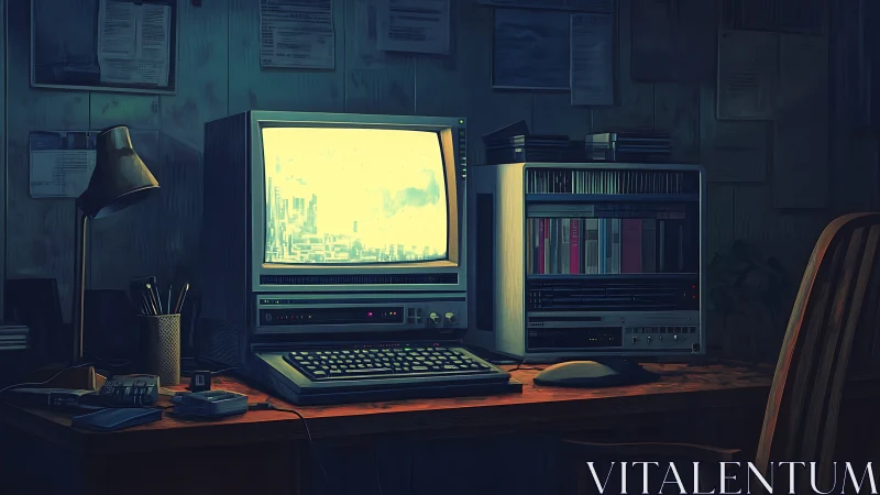 Retro desktop workstation occupies a dimly lit wooden desk