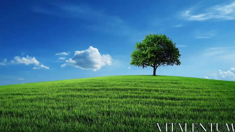 Solitary Tree on Lush Green Hill Under Clear Blue Sky, Realistic Style.