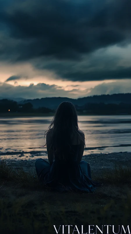Storm-brewing dusk watched by a riverside silhouette dreamer.