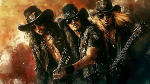 Three rock guitarists in hats stand against abstract backdrop