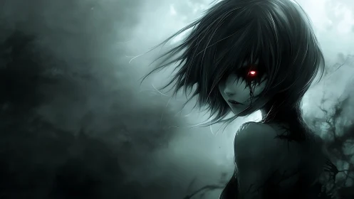 Haunting red-eyed specter in stormy monochrome mistscape.