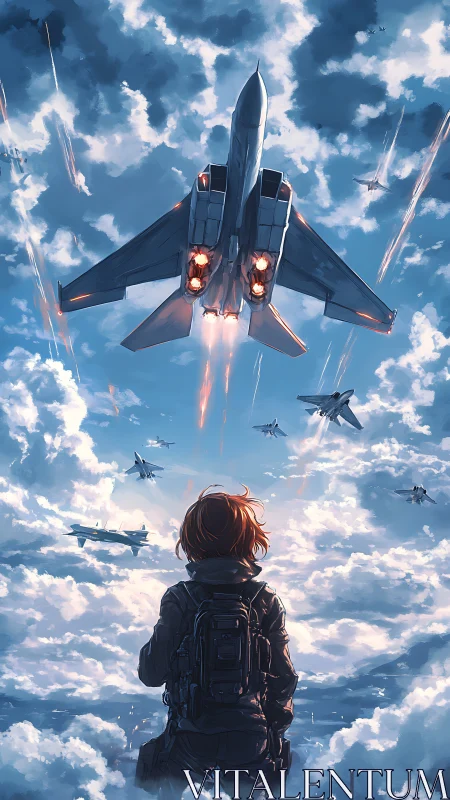 Jetfire armada roars skyward above a lone cloudwatcher