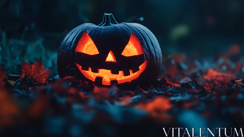 Glowing jack o’lantern smiles warmly in a misty autumn night