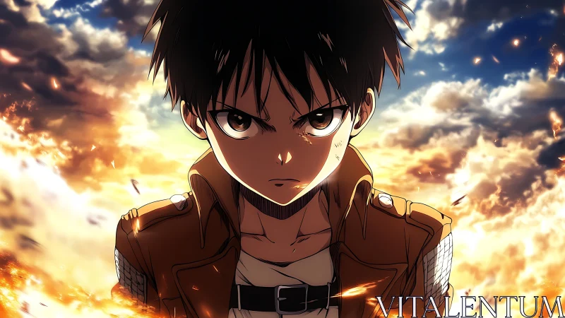 Fierce anime hero stands defiant amid blazing skies