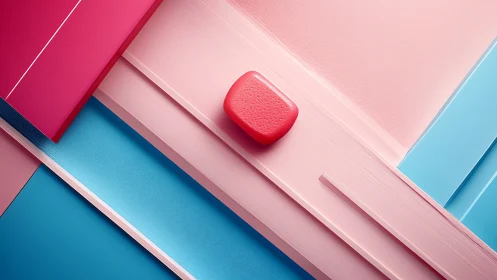 Geometric red block on pastel planes in diagonal balance.