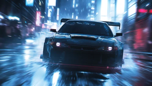 Street racing car speeds through wet neon city at night