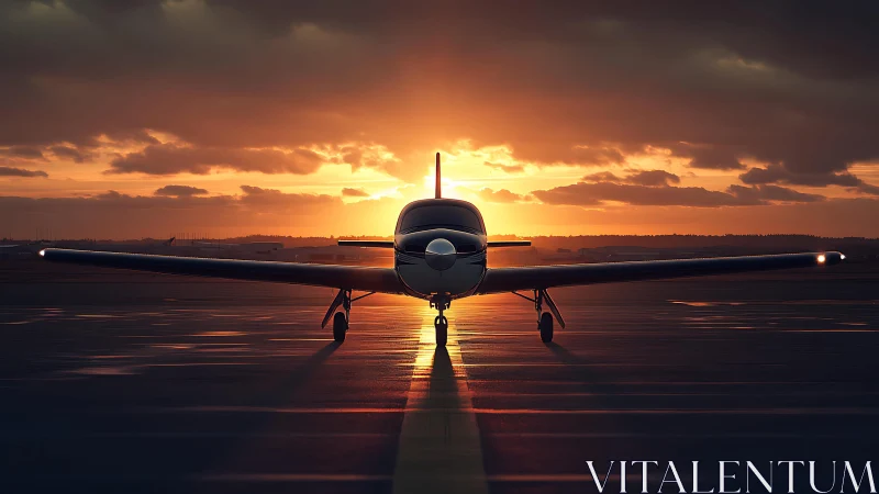 Single-engine aircraft on runway against low sunset sky.