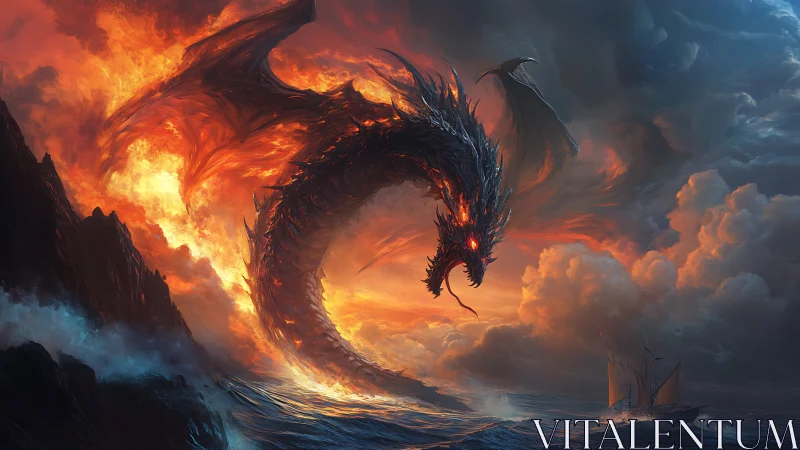 Firestorm sea dragon coils above burning waves and ships.
