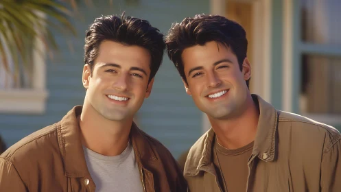 Digitally rendered twin portraits under warm outdoor lighting