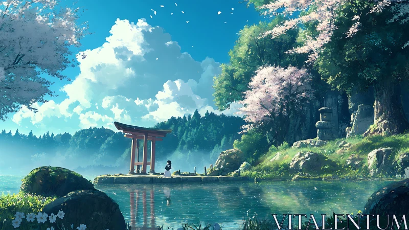 Torii gate stands over reflective lake under dense spring foliage