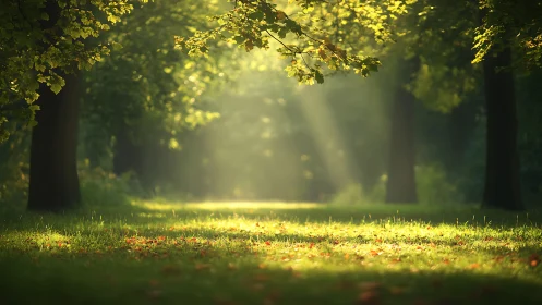 Sunlit forest path with trees and soft morning light.