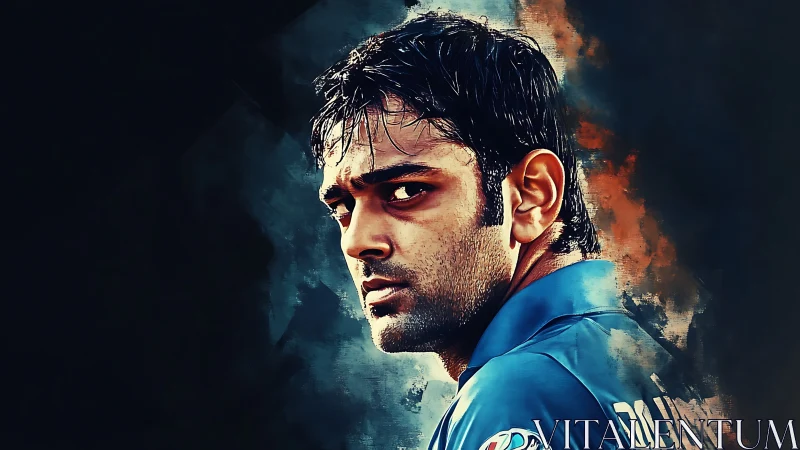 Male figure rendered in stylized portrait with textured backdrop