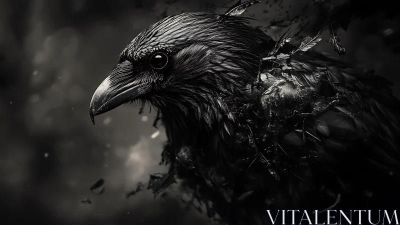 Midnight raven dissolves into drifting shards of shadow