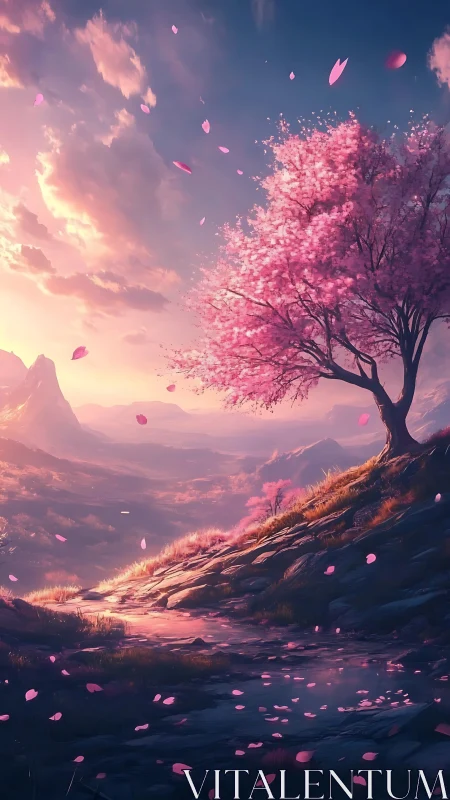 Blossoming hillside tree under a dreamy pink sunset sky.