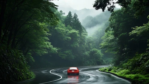 Red sports car navigates misty mountain river canyon with dramatic atmospheric depth.