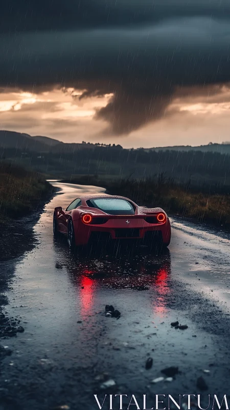 Red sports car on wet rural road under dark storm clouds.