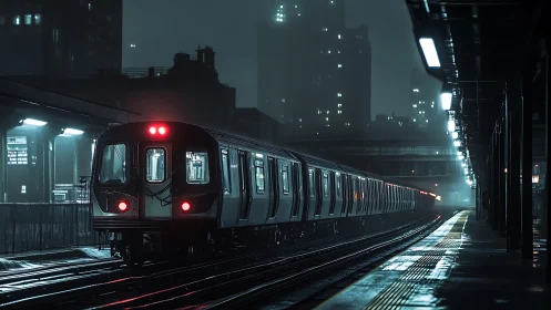 Midnight subway train waits in a moody, rain-soaked cityscape