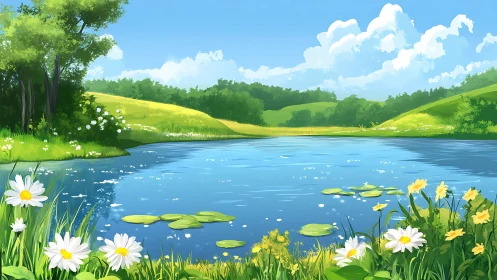 Gentle summer pond opens onto bright meadows and skies