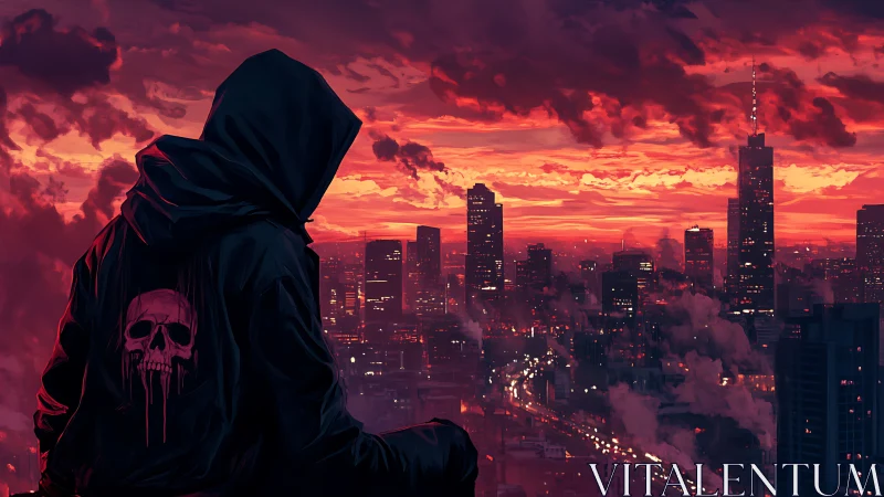 Cyberpunk hooded sentinel over neon-drenched skyline at dusk.
