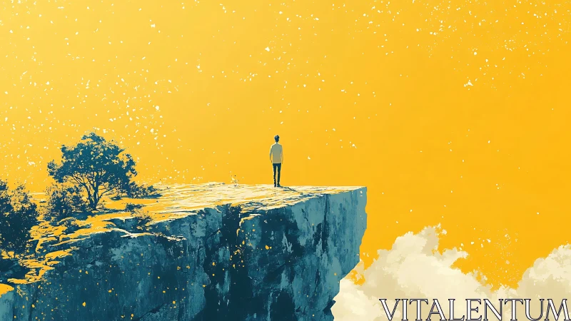 Solitary figure on cliff edge under radiant yellow sky.