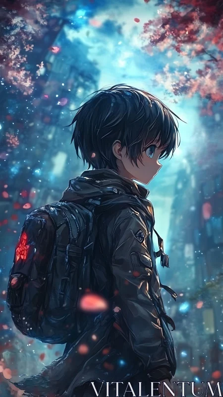 Quiet city wanderer under glowing blue evening sky.