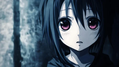 Melancholic anime girl close up with violet reflective eyes
