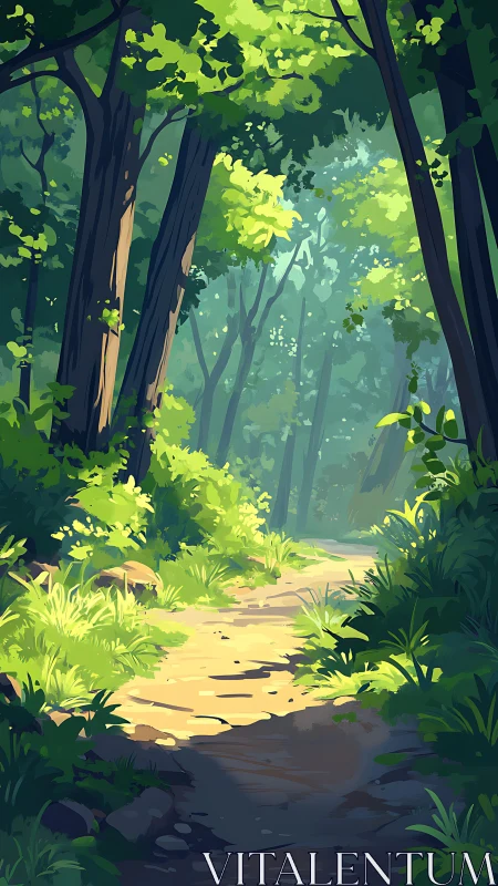 Forest path rendered with layered green foliage and atmospheric depth