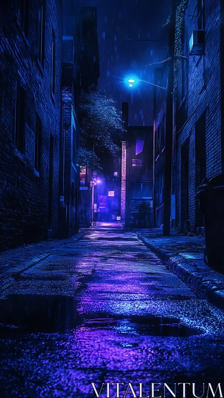 Neon lit rainy alleyway with wet pavement and blue glow.