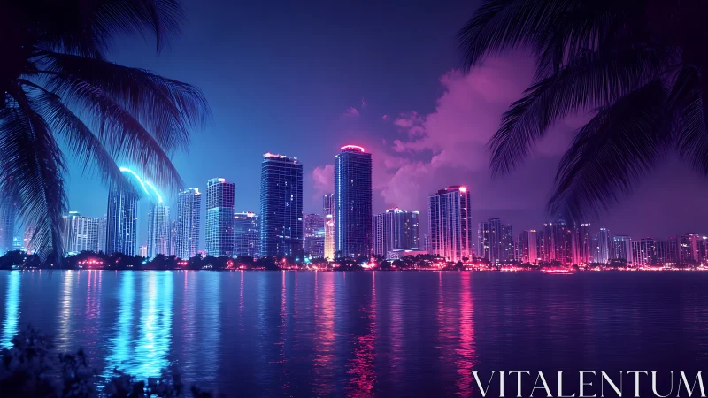 Neon-lit tropical waterfront skyline with cyan-magenta bokeh glow