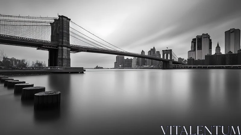 Brooklyn Bridge and skyline over calm long exposure water.