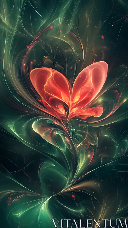 Glowing abstract flower unfolds softly in swirling dark light