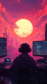 Solitary workstation overlooks dense neon city and large moon