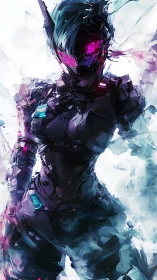 Cyborg figure in fragmented armor with luminous visor and core.