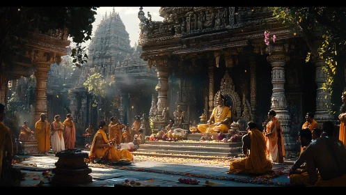 Temple courtyard ceremony with seated golden deity statue.
